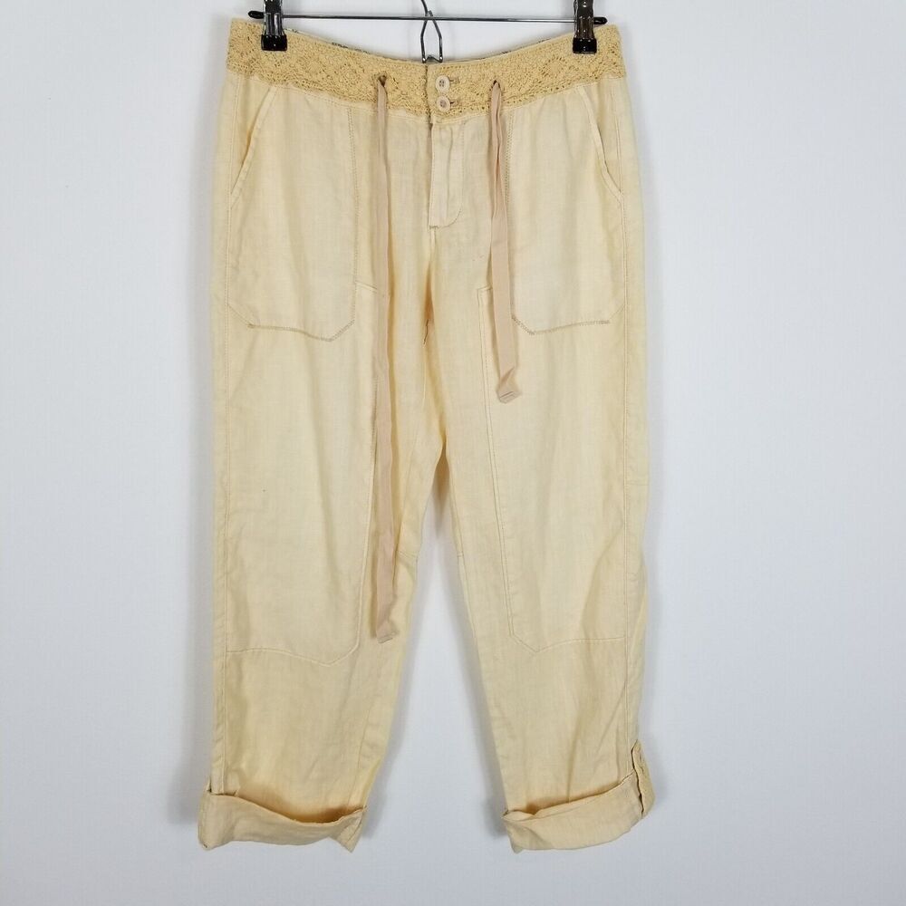 Anthropologie Hei Hei Women Linen Capri Pants Women's Size 25 Yellow Crochet